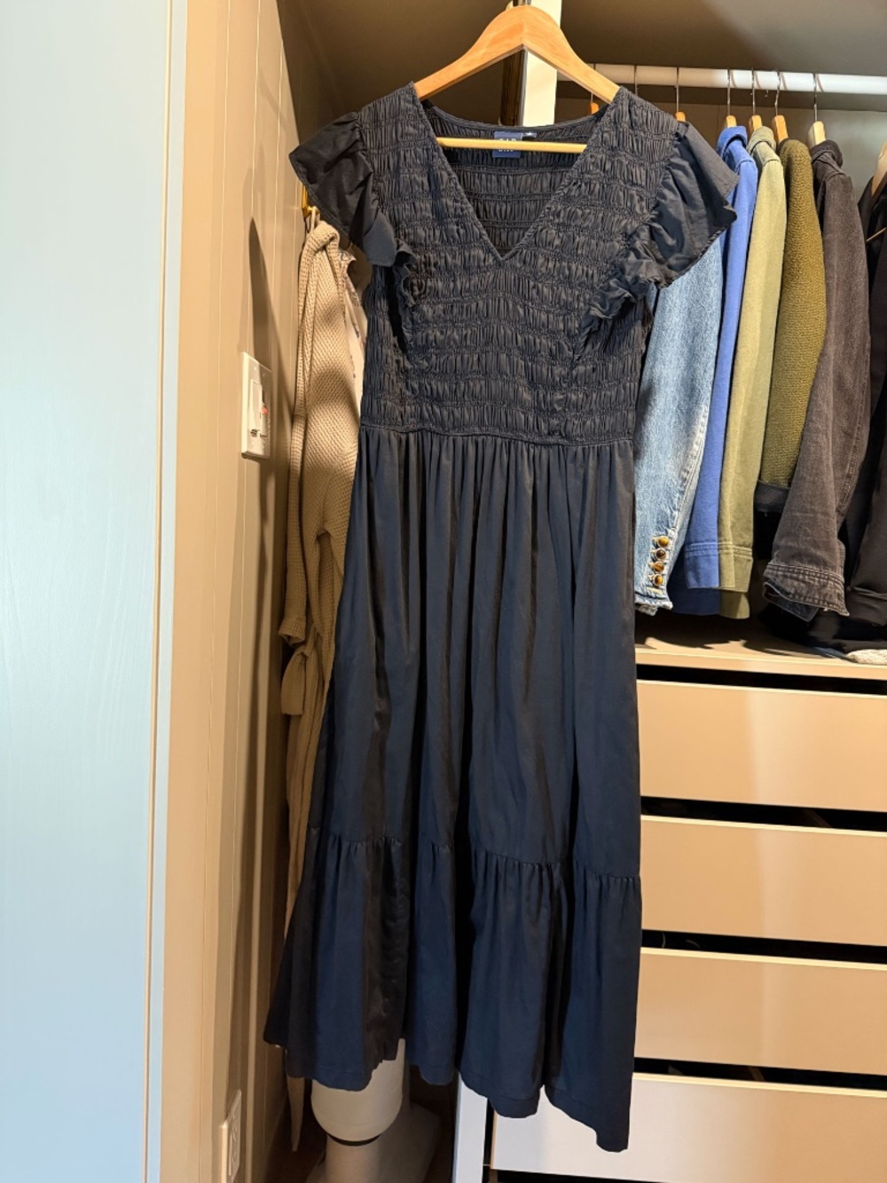 Black Smocked V-Neck Ruffle Cotton Maxi Dress M